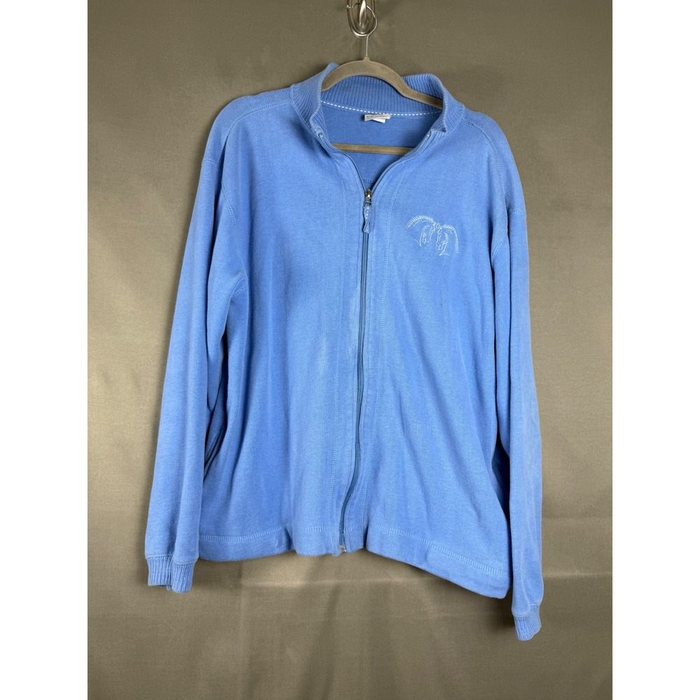 Body Chemistre Full Zip Cardigan Women XL Blue Embroidered Horse Cotton Sweater